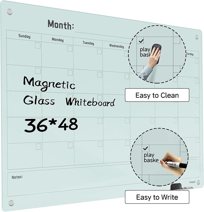 Magnetic Glass Dry Erase Board Calendar- White Board 48 x 36 Inch Wall Mounted - Image 2
