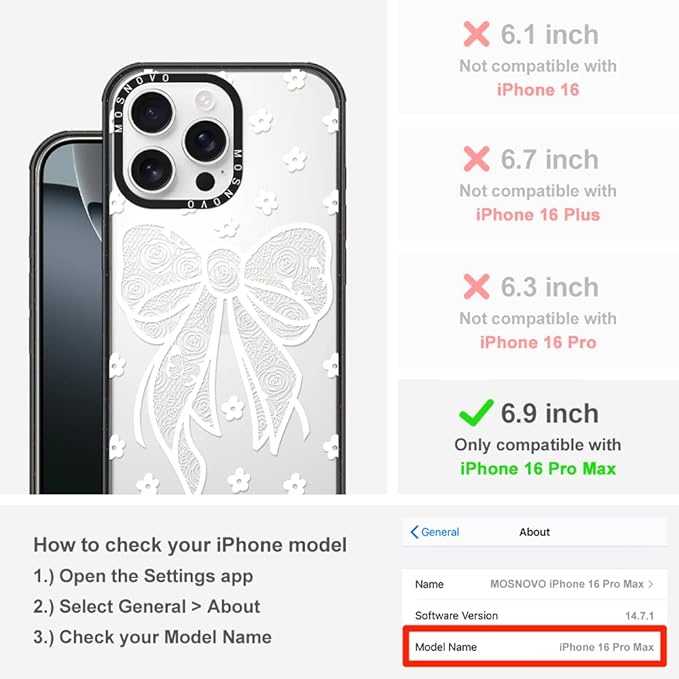 MOSNOVO Case for iPhone 16 Pro Max, [10ft 4X Military-Grade Drop Protection] Durable & Shockproof Phone Case Cover Design for iPhone 16 Pro Max - Lacey Bow - Clear Black-DeskLoop Office