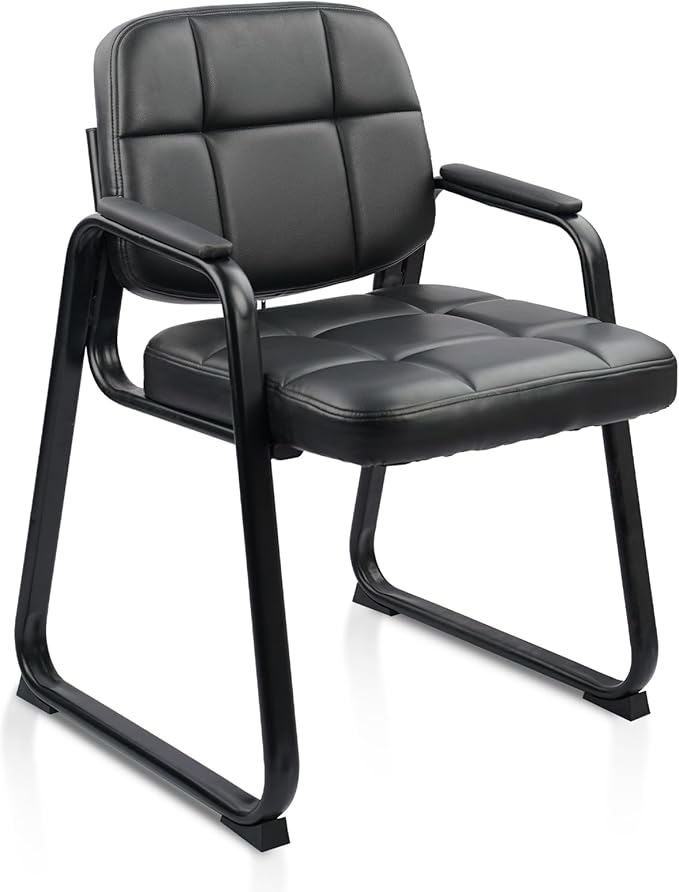 CLATINA Waiting Room Guest Chair with Bonded Leather Padded Arm Rest for Office Reception and Conference Desk Black with Sled Base-DeskLoop Office