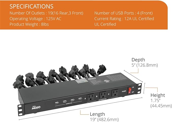 Tecmojo 1U Rack Mount 19 Outlet PDU Power Distribution Unit Power Strip Circuit Breaker fits 19-inch AV/Network/Server Cabinet/Closet/Enclosure-DeskLoop Office