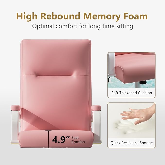 Pink Desk Chair, High Back Leather Executive Office Chair for Girl and Women, Adjustable Height Computer Desk Chairs with Wheels and Arms-DeskLoop Office