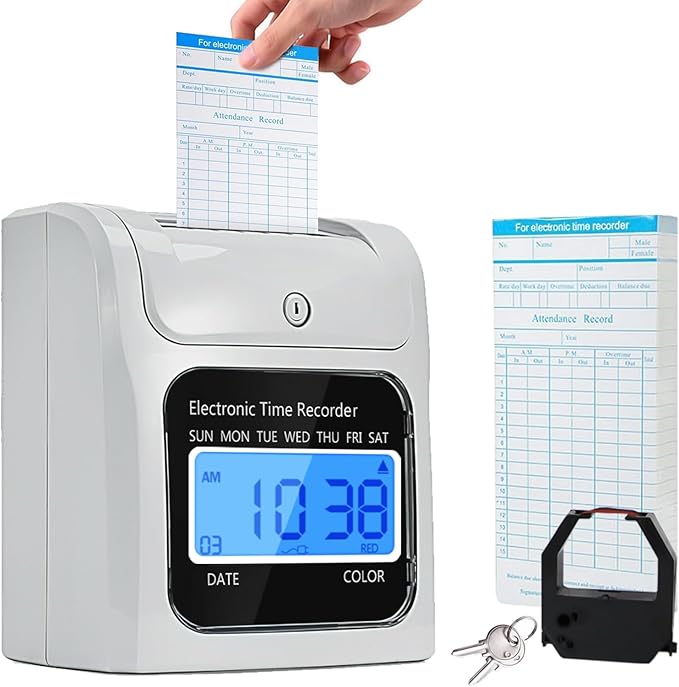 Employee Time Clocks for Small Business, Auto-Align Time Clock Punch Machine with 50-Piece Time Cards, Two Security Keys, and One Ink Ribbon Cartridge-DeskLoop Office