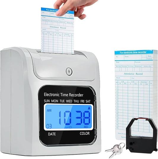 Employee Time Clocks for Small Business, Auto-Align Time Clock Punch Machine with 50-Piece Time Cards, Two Security Keys, and One Ink Ribbon Cartridge-DeskLoop Office