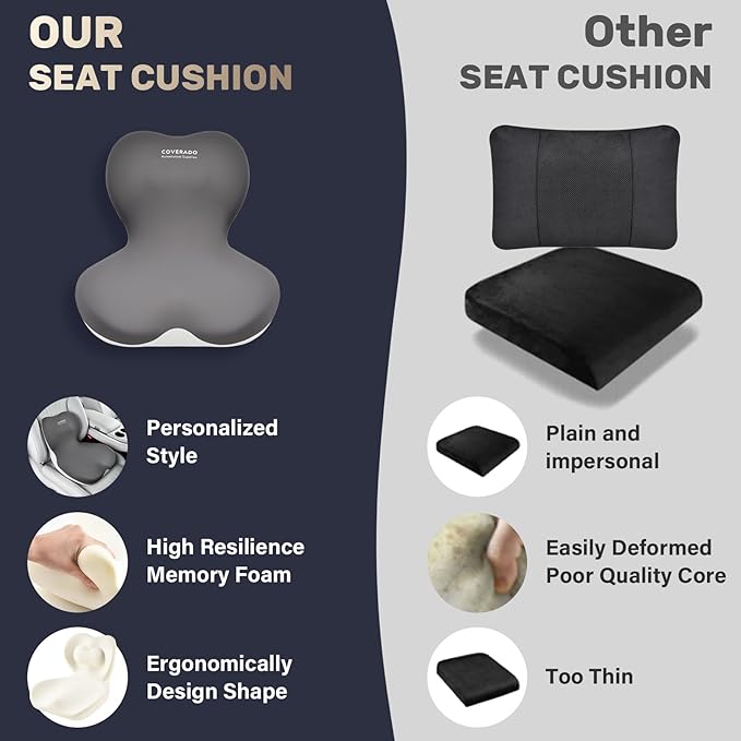 Coverado Seat Cushion and Lumbar Support Pillow One Piece for Car Office Chair, Ergonomic Memory Foam Desk Chair Cushion Back Support Pillow, Sciatica & Back & Tailbone Pain Relief Cushion-Gray-DeskLoop Office