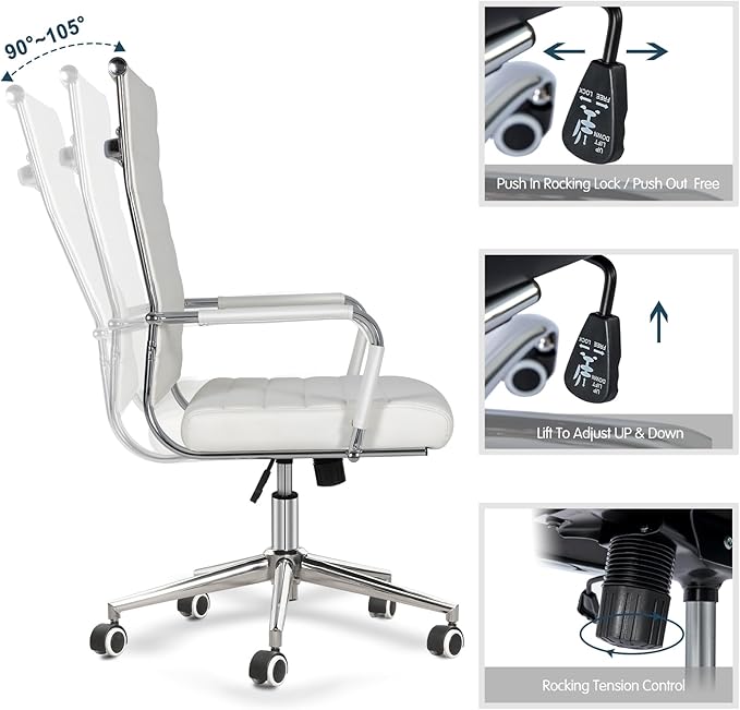 Home Office Chair Ribbed, Modern Leather Conference Room Chairs, Ergonomic Office Desk Chair, High Back Executive Computer Chair, Adjustable Swivel Chair with Arms (White)-DeskLoop Office