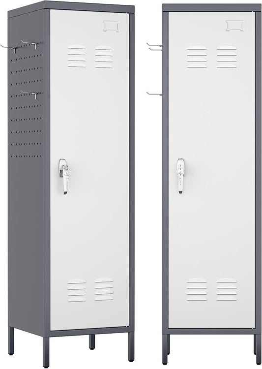 Aobabo Metal 54" H Metal Storage Locker for Employees, Lockable 1 Door with Towel Rack and 2 Side Pegboards with Hooks for Home School Office Gym, Assembly Required (Gray White)-DeskLoop Office