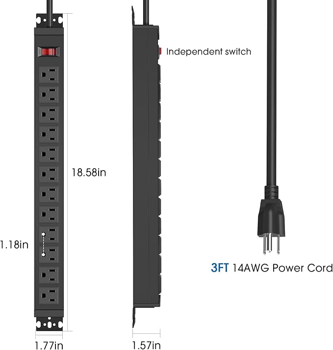 HHSOET Rotating Mountable Power Strip, 12 Outlet Wall Mount Surge Protector, Metal Heavy Duty and Versatile Outlet Strip, Stylish Appearance, Sturdy and Durable, 3ft Power Cord.(Black)-DeskLoop Office