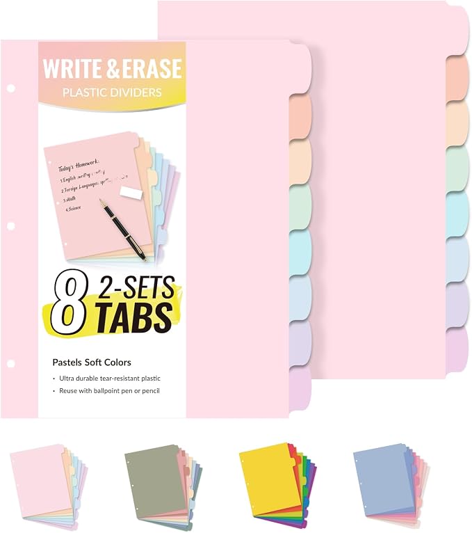 Sooez 8 Tabs Long-Lasting Plastic Write & Erase Large Tabs Dividers by Sooez