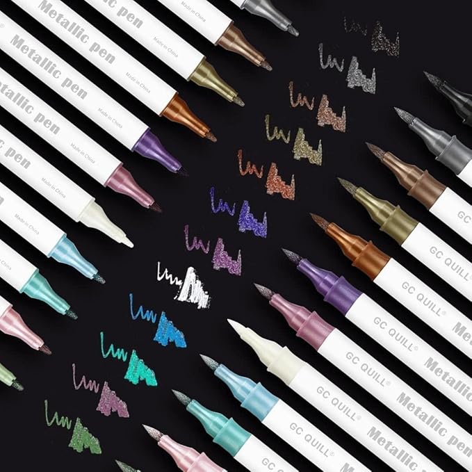 GC QUILL 12 Colors Metallic Marker Pens - Dual Tip Brush and Fine Point Pens for DIY Album, Black Cards, Scrapbooking, Craft Supplies, on Ceramic, Stone, Glass, Fabric GC-MP12-DeskLoop Office