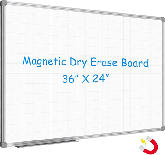 JILoffice Magnetic Dry Erase Planning Board, Grid Pattern White Board 36 x 24 Inch, Silver Aluminum Frame with Detachable Marker Tray for Office School and Home-DeskLoop Office