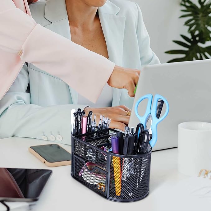 Black Mesh Pen Holder Desk Organizer Cute Office Supplies Pencil and Marker Organizers Oval Desk Caddy with 8 Compartments and 1 Drawer Workspace Accessories for Office School Home-DeskLoop Office