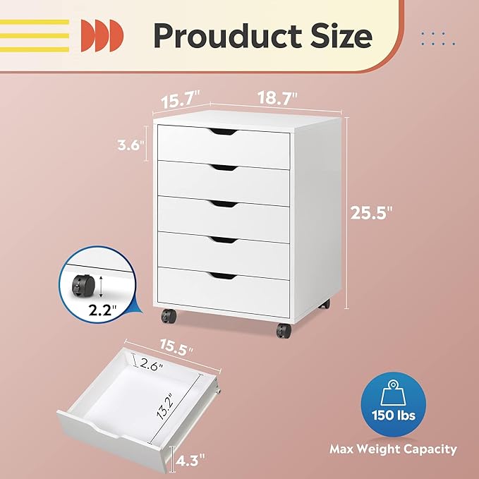 DEVAISE 5-Drawer Chest, Wood Storage file Cabinet with Wheels, White-DeskLoop Office