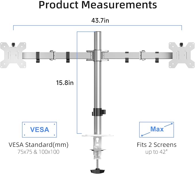 Suptek Dual Monitor Desk Mount, Adjustable Dual Monitor Arm for 2 Monitor Screens up to 42 inch, Extra Tall 15.75" Pole Monitor Stand for Desk, Holds up to 22 lbs,Silver(MD9442LS)-DeskLoop Office