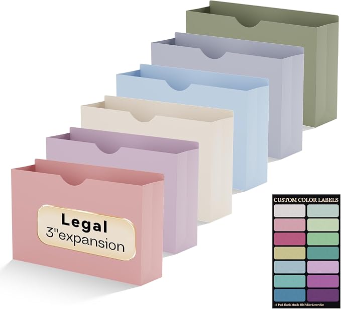 Plastic 3 Inch File Jackets, Legal Size, 12 Pack Manilla Pocket Folders by NORDUN