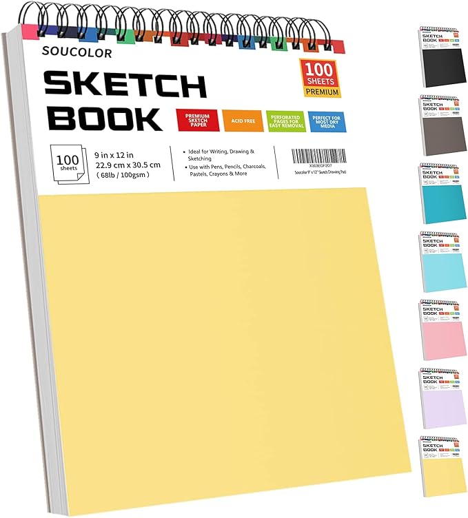 College Graduation Gifts, Halloween Christmas Gifts, Nursing Student Essentials, Teacher Appreciation Gifts, Soucolor 9" x 12" Yellow Sketch Book, 1-Pack 100 Sheets Spiral Bound Drawing Paper-DeskLoop Office