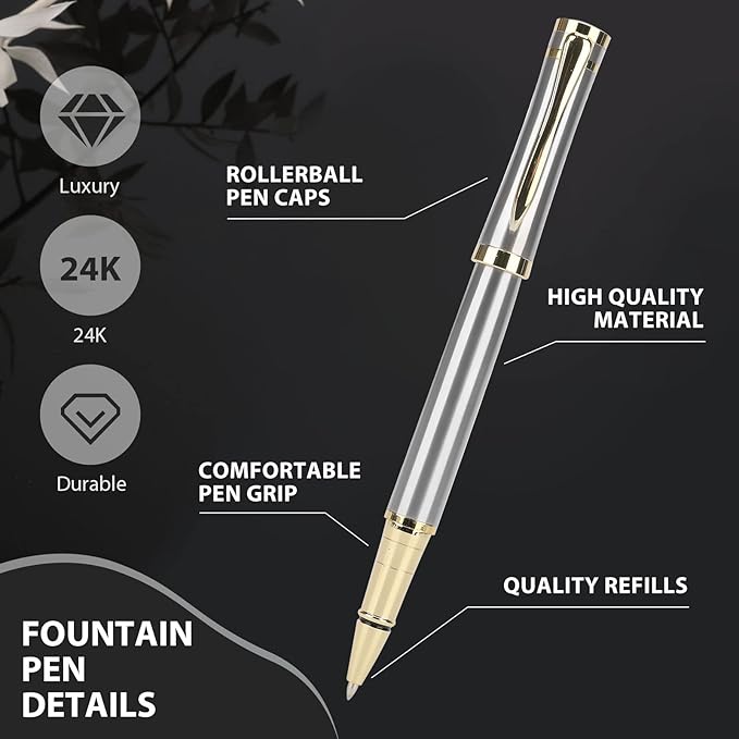 cheericome Luxury Ballpoint Pen - Professional Pen, Executive Pen, Journal Pen, Perfect for Silky Smooth Writing, with Gift Box, Nice Pen for Men and Women, 2 Extra 0.5mm Black Refills - Silver-DeskLoop Office