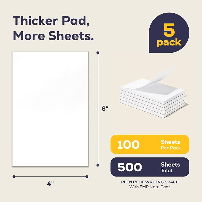 FMP Brands 5 Pack Note Pads 4x6, 100 Sheets Per Memo Pad, Writing Scratch Pad - Image 2