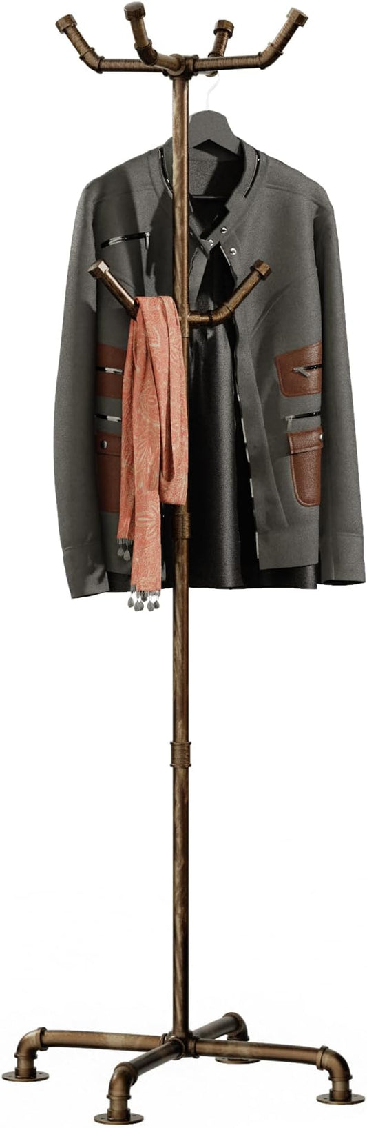 Industrial Coat Rack, Metal Pipe Coat Rack Stand Freestanding with 6 Hooks, Heavy Duty Coat Tree Sturdy Coat Racks for Entryway, Hallway, Bedroom (Vintage gold)-DeskLoop Office