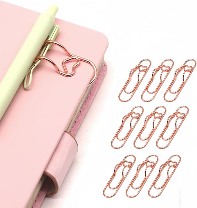 12-Pack Pen Holder Clips for Notebook, Cute Heart Paper Clips, Rose Gold Office by NELJIBEHU
