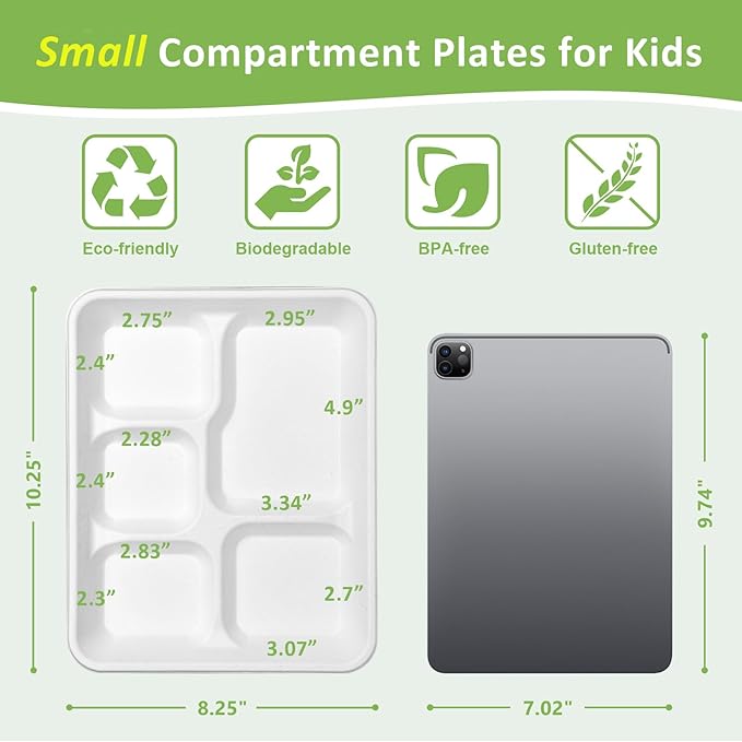 Compostable 5 Compartment Plates Disposable, 10.25 x 8.25 inch, 125 Pack - Image 2