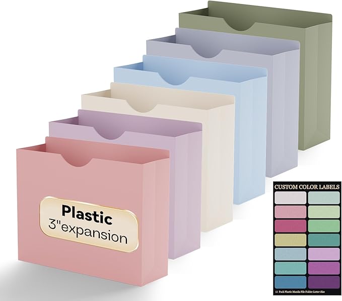 Plastic 3 Inch File Jackets Letter Size, 12 Pack Manilla Pocket Folders by NORDUN