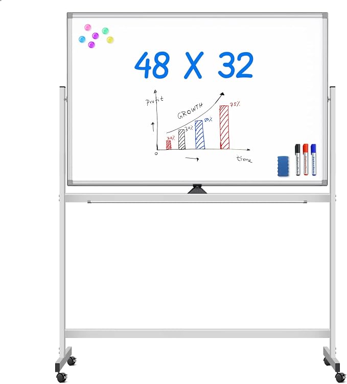 Maxtek Rolling White Board on Wheels 48x32 inch Double Side Magnetic Dry Erase by Maxtek
