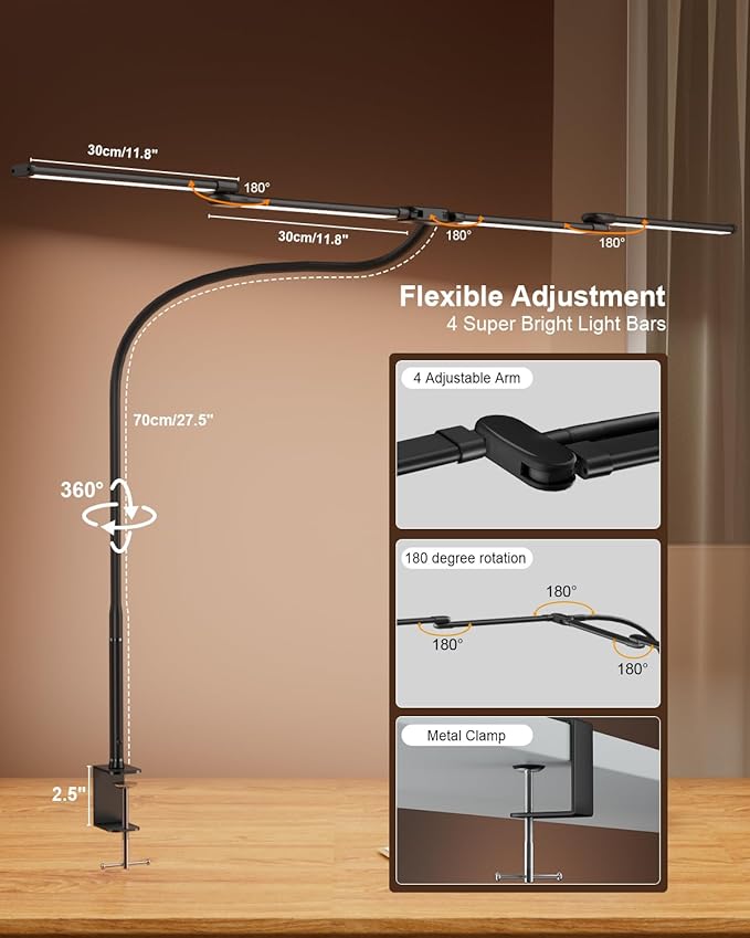LED Desk Lamp with Clamp, 24W Ultra Architect Desk Lamp for Home Office, Stepless Dimming & Adjustable Gooseneck, Eye-Caring Light with USB Adapter for Reading, Study, Multi-Screen Setup (Black)-DeskLoop Office