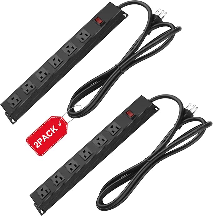 2Pack Metal Wall Mount Power Strip, Mountable Power Outlet with 6 AC Outlets, Aluminum Alloy Mount Power Socket with Switch, 6 FT SJT 3/C 14AWG Power Cord, 15A 125V 1875W (6AC)-DeskLoop Office