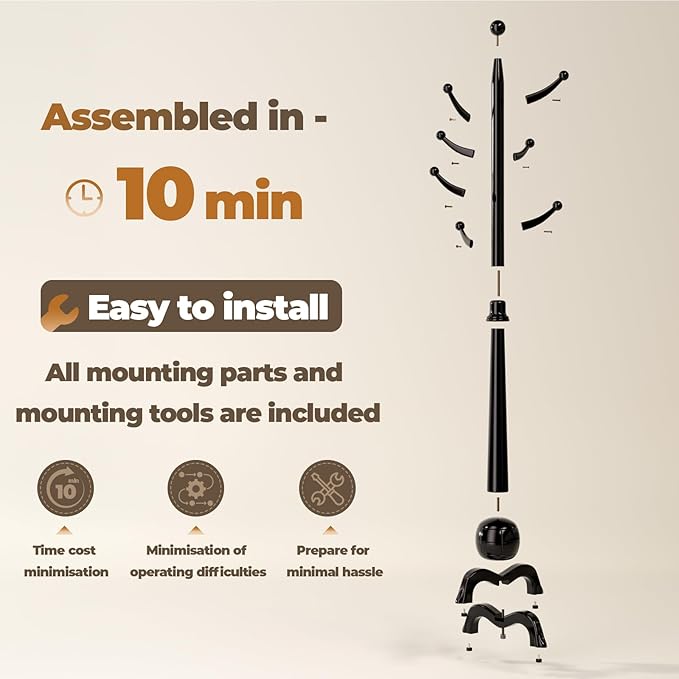 Wood Coat Rack Freestanding, Solid Wooden Hall Tree with 8 Hooks, Coat Tree Freestanding Heavy Duty with Stable Base, Entryway Hallway Bedroom Office Use, 240lbs Load Capacity H:71.6in (Black)-DeskLoop Office