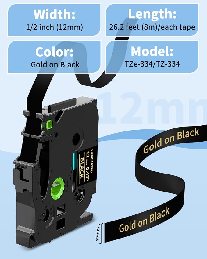 Replacement for Brother P Touch Label Tape Gold on Black TZe-334 TZe334 TZe TZ - Image 8