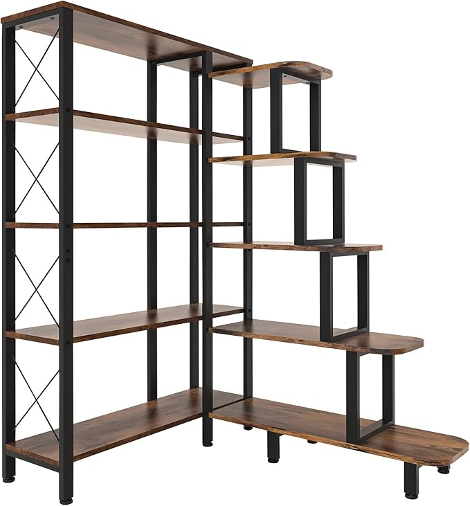Large Corner Bookshelf Bookcase, Industrial Reversible 5 Tier Ladder Shelves Storage Display Rack with Metal Frame, Modern Home Office Furniture for Living Room Bedroom-DeskLoop Office