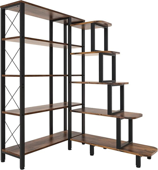 Large Corner Bookshelf Bookcase, Industrial Reversible 5 Tier Ladder Shelves Storage Display Rack with Metal Frame, Modern Home Office Furniture for Living Room Bedroom-DeskLoop Office