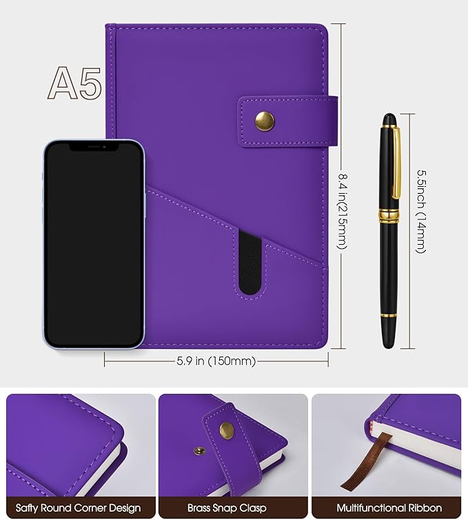 Purple A5 Lined Leather Journal Notebook for Men Women,5.9" X 8.4" Personalized Hardcover Journal with Pen,200 Pages 100 Gsm Thick Ruled Paper Daily Diary for Travel,Business,Work,Writing-DeskLoop Office
