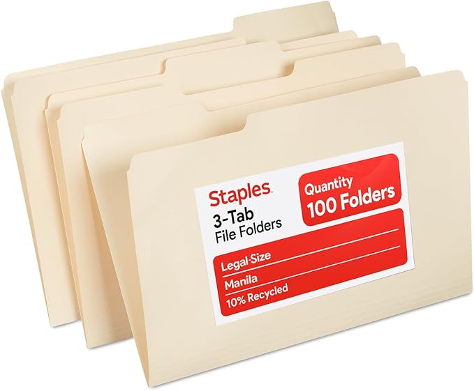 Staples Recycled File Folders, Legal Size, 1/3‑Cut Tabs, 30% Recycled Paper by Staples