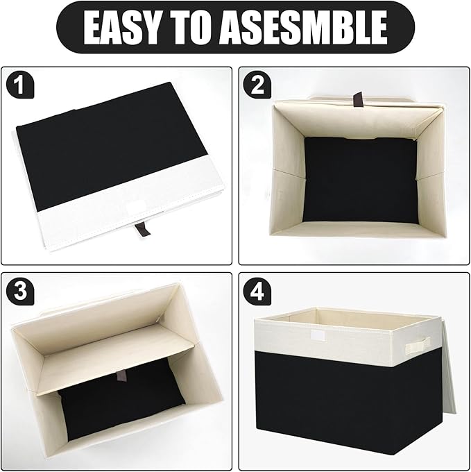 Large 17" 42 Quarts Collapsible Stackable Storage Bins with Lids [3-Pack] Foldable Fabric Linen Storage Boxes Cube, Closet Organizer Baskets with Label for Home (16.7 x 12 x 12", Black & White)-DeskLoop Office