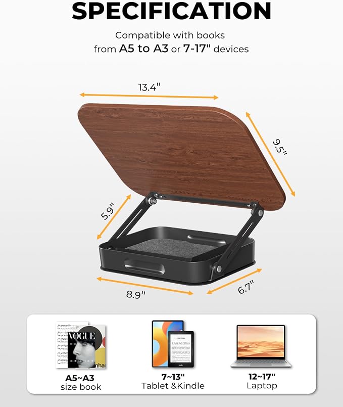 Adjustable Book Stand with Storage Drawer, 360° Rotating Book Holder, Height & - Image 4