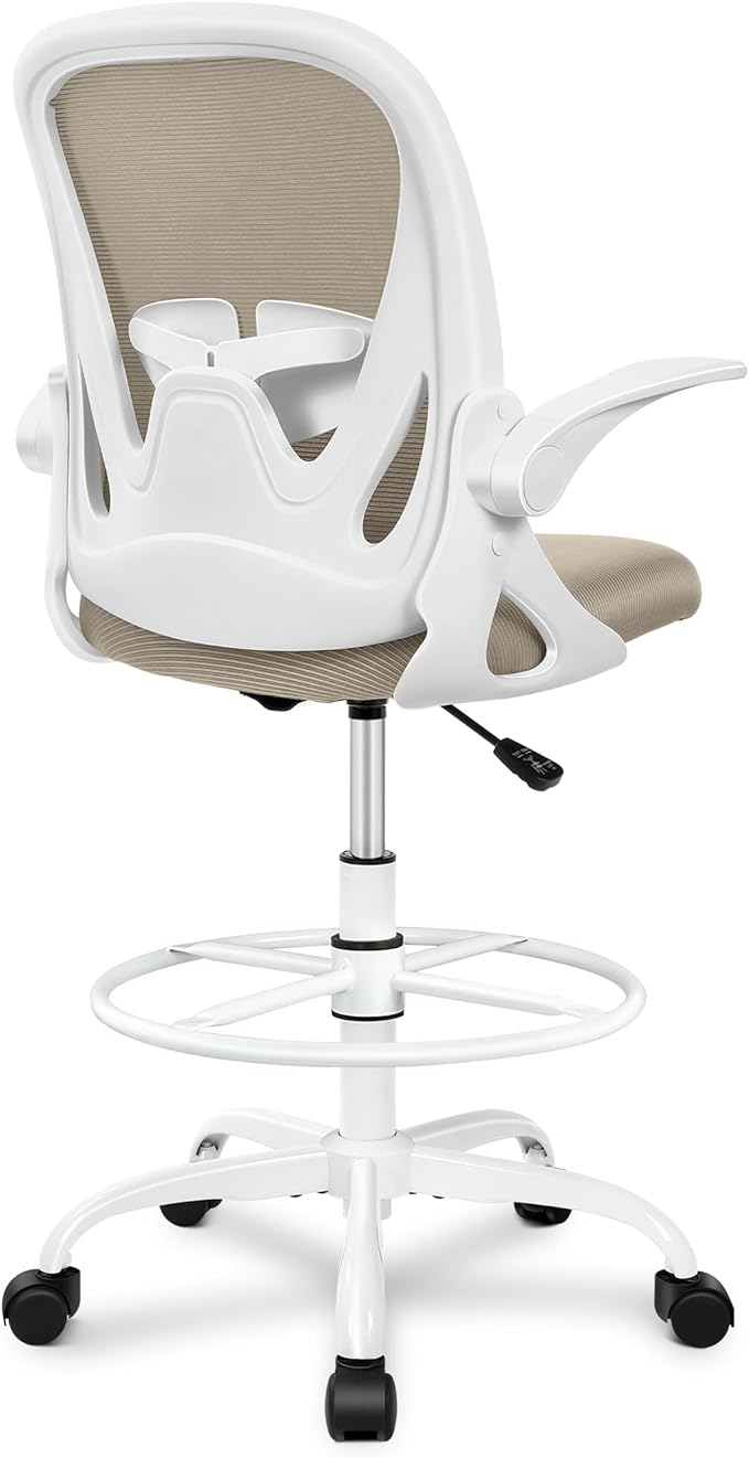 Primy Drafting Chair Tall Office Chair with Flip-up Armrests Executive Ergonomic Computer Standing Desk Chair with Lumbar Support and Adjustable Footrest Ring（Khaki）-DeskLoop Office