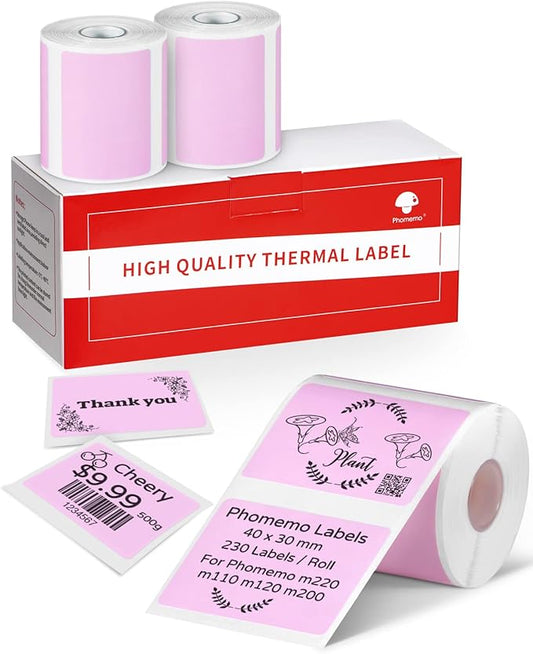Phomemo M220 Labels,3 Roll Pink Labels for M220 M110 M108 M250 M260 M221 M200 M120 M150 Label Maker,1.57'' x 1.18''(40 x 30mm) Sticker Label for Barcode,Name,Home,Office,School-DeskLoop Office