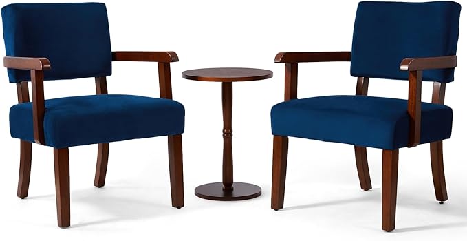 Accent Chair Set of 2 with Table, Living Room Chairs with Velvet Soft Seat & Armrests for Living Room Bedroom Reading Room Waiting Room (Velvet Navy)-DeskLoop Office