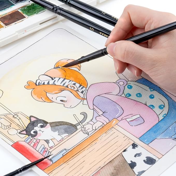 Transon Round Paint Brush Set 9pcs Synthetic Sable Hair for Acrylic Painting Watercolor Painting Gouache Ink Craft and Detail Painting Black Color-DeskLoop Office