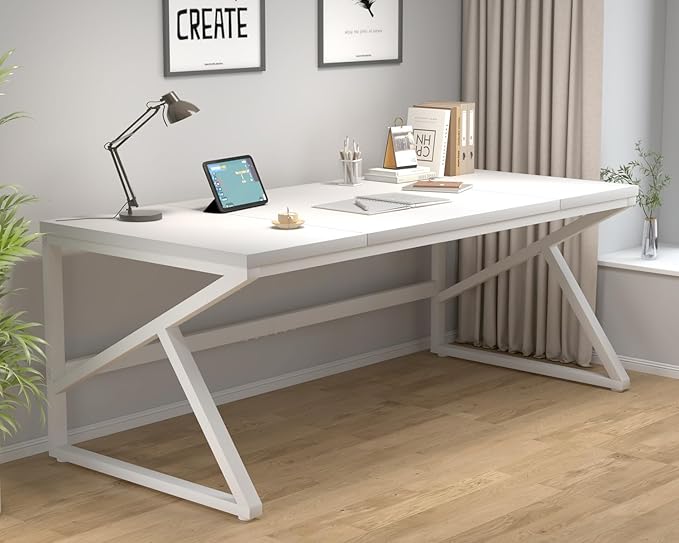 HSH 70 Inch Long White Computer Desk, Modern Large Executive Work Writing Study Gaming Desk for Home Office, Industrial Metal Wooden Two Person Desk Dual Monitor Workstation in Bedroom Living Room-DeskLoop Office