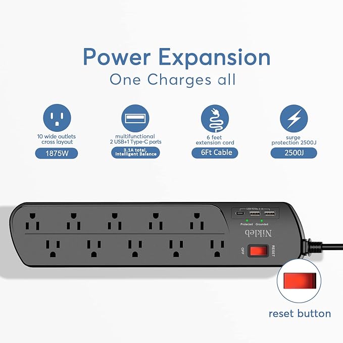 Extension Cord with Multiple Outlets, Surge Protector Power Strip with USB, 6ft Power Cord, 10 Wide Outlets, 2 USB+1 USB C Fast Charging Ports, Wall Mount, Heavy Duty, Home, Office Accessories-DeskLoop Office