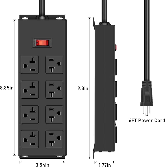 JUNNUJ Heavy Duty 20 Amp Power Strip, Garage 8 Outlets Metal 12 Gauge Surge Protector 3000J, High Amp 5-15P Adapter Shop 6-20R T-Slot Industrial Outlets (8AC, 6FT)-DeskLoop Office