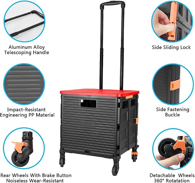 FELICON SELORSS Foldable Utility Cart Folding Portable Rolling Crate-Red | - Image 2