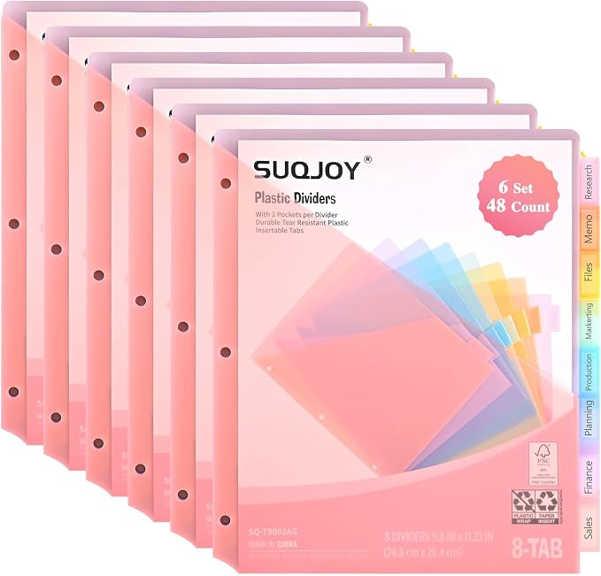 8-Tab Dividers for 3 Ring Binder, Subject Dividers, 3-Hole Plastics Sheets by SUQJOYOFFICE