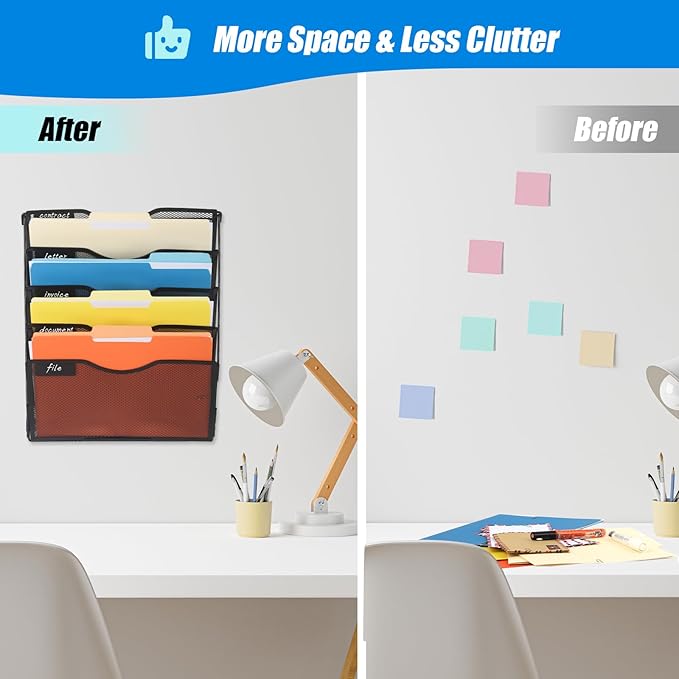 EASEPRES 5 Pocket Mesh Hanging Wall File Organizer with Hangers & Nametag Label, Wall Mounted Mail Paper Document Folder Holder, Clipboard Storage Organization Magazine Rack for Office Cubicle, Black-DeskLoop Office