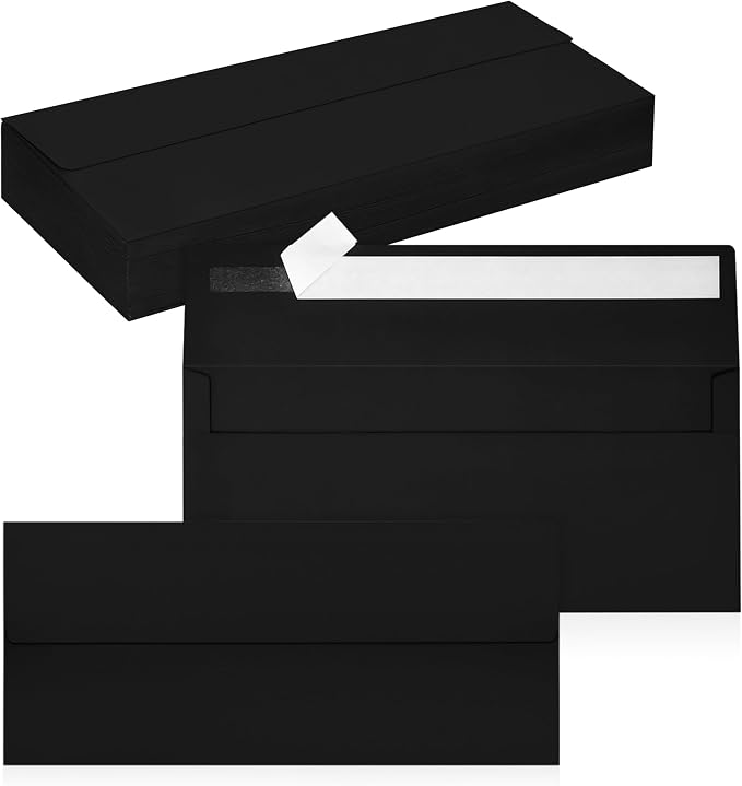 50 Pack #10 Business Envelopes, Self Seal Standard Black Envelopes by QIKSION