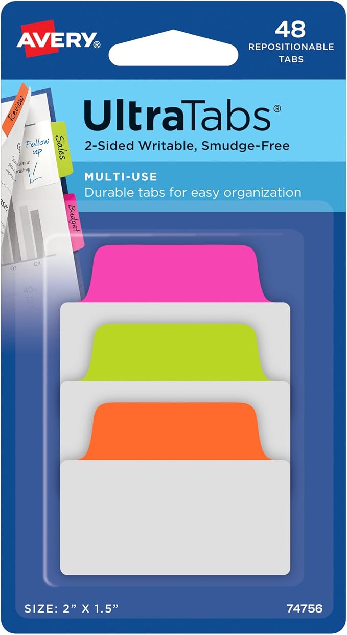 Avery Multiuse Ultra Tabs, 2-Side Writable, Neon Pink/Green/Orange, 48 by Avery
