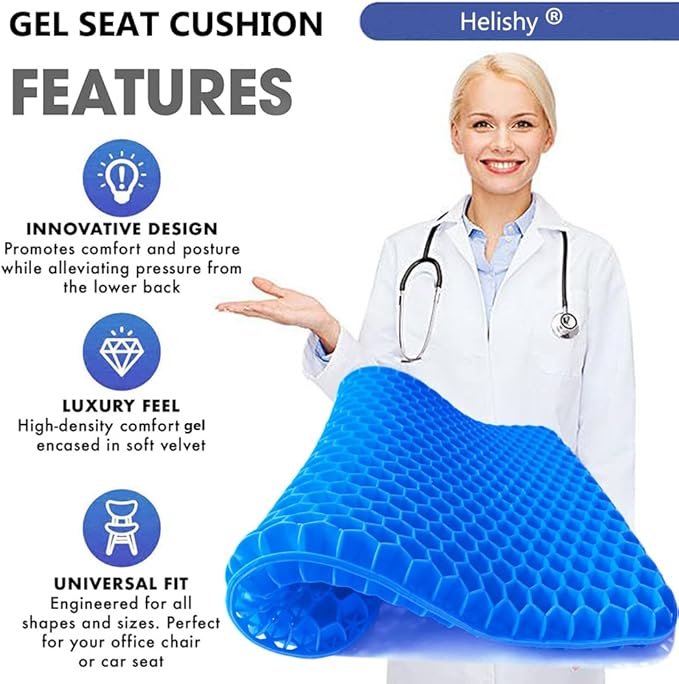 Gel Seat Cushion, Extra Large Breathable Honeycomb Gel Cushion, Absorbs Pressure Points Seat Cushion with Non-Slip Cover for Office Chair Home Cars Wheelchair (Standard, Blue)-DeskLoop Office