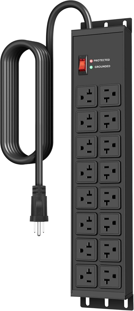 JUNNUJ Heavy Duty 20 Amp Power Strip 4800J, 16 Outlets 12 Gauge Garage Industrial Surge Protector, High Amp 5-15P Adapter Shop 6-20R T-Slot Metal Outlet, 4 FT Extension Cord Commercial for Appliance-DeskLoop Office